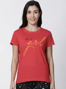 Kryptic Women Red Printed Round Neck Pure Cotton Lounge T-shirt