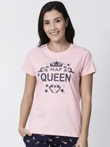Kryptic Women Pink Printed Round Neck Pure Cotton Lounge T-shirt