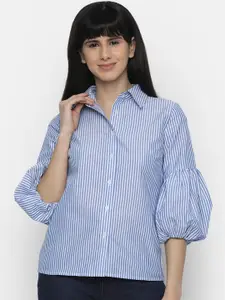 ISU Women Blue & White Regular Fit Striped Casual Shirt