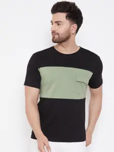 GRITSTONES Men Black & Sea Green Colourblocked Round Neck T-shirt
