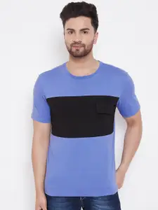 GRITSTONES Men Blue & Black Colourblocked Round Neck T-shirt