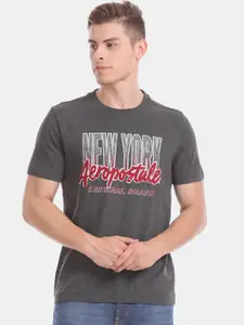 Aeropostale Men Grey Brand Logo Printed Round Neck T-shirt