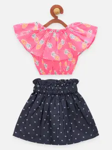 LilPicks Girls Pink & Navy Blue Printed Top with Skirt