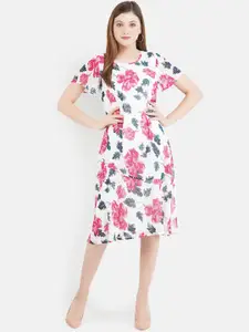 Aditi Wasan White & Pink Floral Sheath Midi Dress