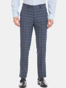 Arrow Men Grey & Blue Tapered Fit Checked Regular Trousers