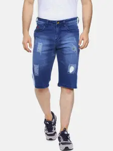 Campus Sutra Men Navy Blue Slim Fit Washed Denim Shorts