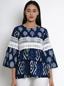 Bhama Couture Women Blue & Off-White Printed Peplum Top