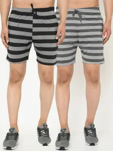 VIMAL JONNEY Men Pack of 2 Grey & Black Striped Regular Fit Regular Shorts
