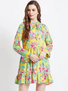 AkaAyu Women Yellow & Pink Floral Printed Fit and Flare Dress
