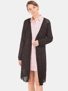 U.S. Polo Assn. Women Black Self Design Open Front Longline Shrug