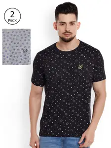MACK JONNEY Men Pack of 2 Grey Melange & Black Printed Round Neck T-shirt