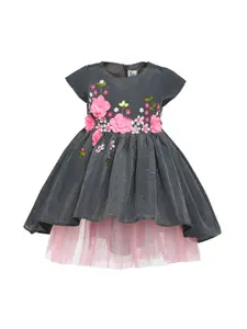 A Little Fable Girls Grey & Pink Fleur Embroidered Fit and Flare Dress