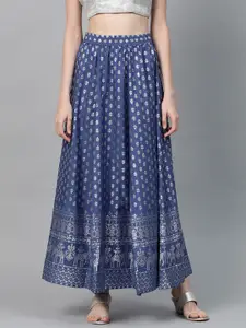 AURELIA Women Blue & Silver Ethnic Print Flared Maxi Skirt