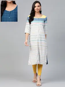 AURELIA Women Grey & Blue Striped Straight Reversible Kurta