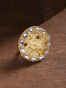 Shoshaa Gold-Plated White & Red Kundan Studded Peacock Finger Ring