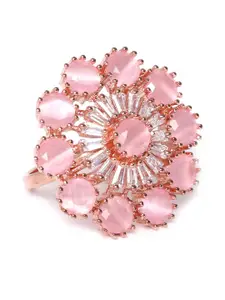 JEWELS GEHNA Pink Rose Gold-Plated CZ Stone-Studded Handcrafted Adjustable Finger Ring