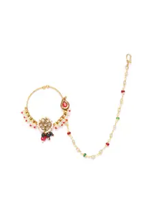 JEWELS GEHNA Red & Off-White Gold-Plated CZ-Studded & Beaded Chained Nose Ring