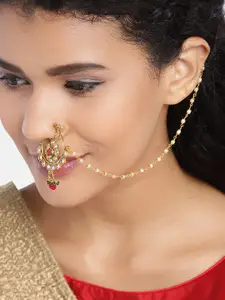 Jewels Gehna Red & Off-Whte Antique Gold-Plated CZ-Studded & Beaded Chained Nose Ring