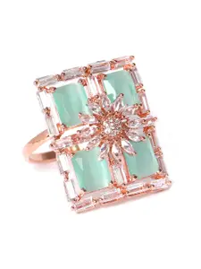 JEWELS GEHNA Sea Green Rose Gold-Plated CZ Studded Handcrafted Adjustable Finger Ring
