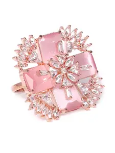 JEWELS GEHNA Pink Rose Gold-Plated AD-Studded Handcrafted Adjustable Finger Ring