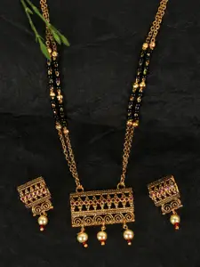 JEWELS GEHNA Black & Pink Antique Gold-Plated AD-Studded Mangalsutra & Earrings Set
