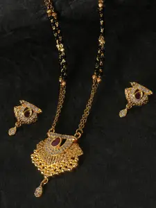JEWELS GEHNA Black & Pink Gold-Plated AD-Studded & Beaded Mangalsutra & Earrings Set