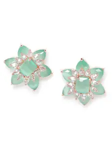 JEWELS GEHNA Green Rose Gold-Plated AD Studded Handcrafted Floral Studs