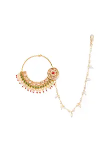 JEWELS GEHNA Red & Green Gold-Plated CZ-Studded & Beaded Chained Nose Ring