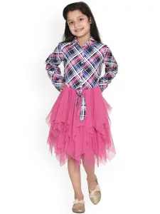 StyleStone Girls Pink & Navy Blue Checked Fit and Flare Dress
