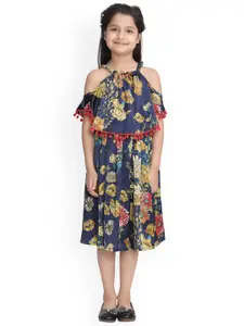 StyleStone Girls Navy Blue & Yellow Printed Fit and Flare Dress