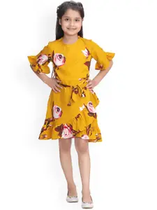 StyleStone Girls Mustard Yellow Floral Printed Fit and Flare Dress