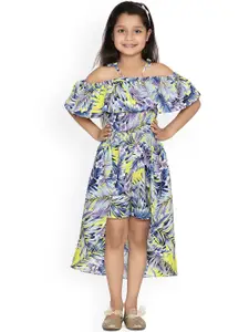 StyleStone Girls Blue & Yellow Printed Fit and Flare Dress