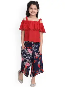 StyleStone Girls Red & Navy Blue Solid Top with Palazzos