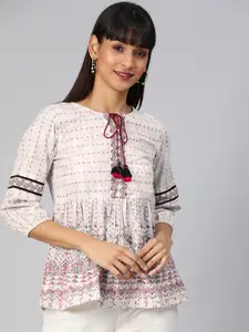 Global Desi Women Off-White Printed Top with Tie-up Neck