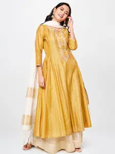 Global Desi Women Golden & Beige Striped Yoke Design A-Line Kurta