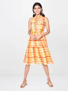 Global Desi Women Orange & Lime Green Checked Fit and Flare Dress