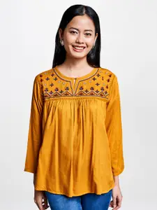 Global Desi Women Mustard Yellow Solid Top with Embroidery