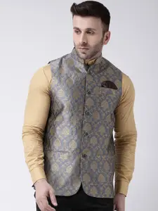 Hangup Men Grey & Beige Woven Design Nehru Jacket