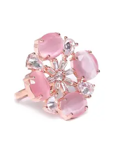 JEWELS GEHNA Women Pink Rose Gold Plated AD Studded Handcrafted Adjustable Finger Ring