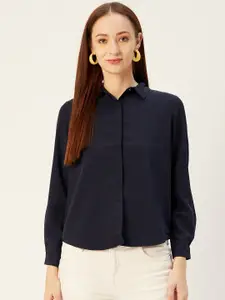 Xpose Women Navy Blue Classic Regular Fit Solid Casual Shirt
