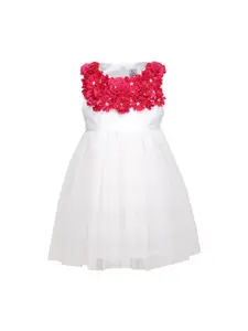 A Little Fable Girls White & Red Hand Embroidered Embellished Fit and Flare Dress