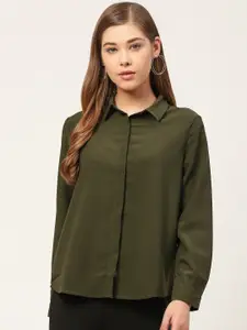 Xpose Women Olive Green Classic Slim Fit Solid Casual Shirt