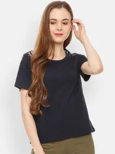 People Women Navy Blue Solid Pure Cotton Top