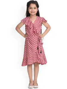 StyleStone Girls Pink Polka Dots Print Wrap Dress