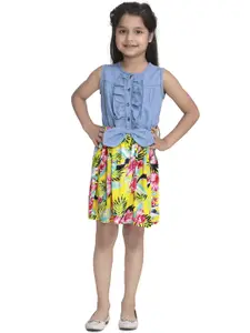 StyleStone Girls Blue & Yellow Floral Printed Fit and Flare Denim Dress