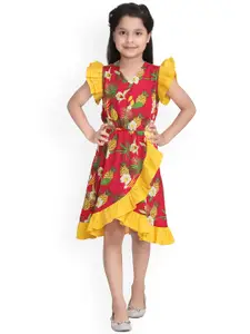 StyleStone Girls Red & Mustard Yellow Tropical Printed Fit and Flare Dress