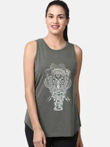 Enamor Women Athleisure Olive Green Printed Relaxed Fit Swing Tank Top