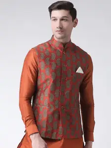 DEYANN Men Orange & Green Printed Nehru Jacket