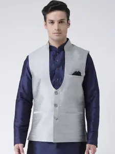 DEYANN Men Silver Woven Design Dupion Silk Nehru Jacket