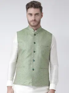 DEYANN Men Green & Beige Woven Design Nehru Jacket